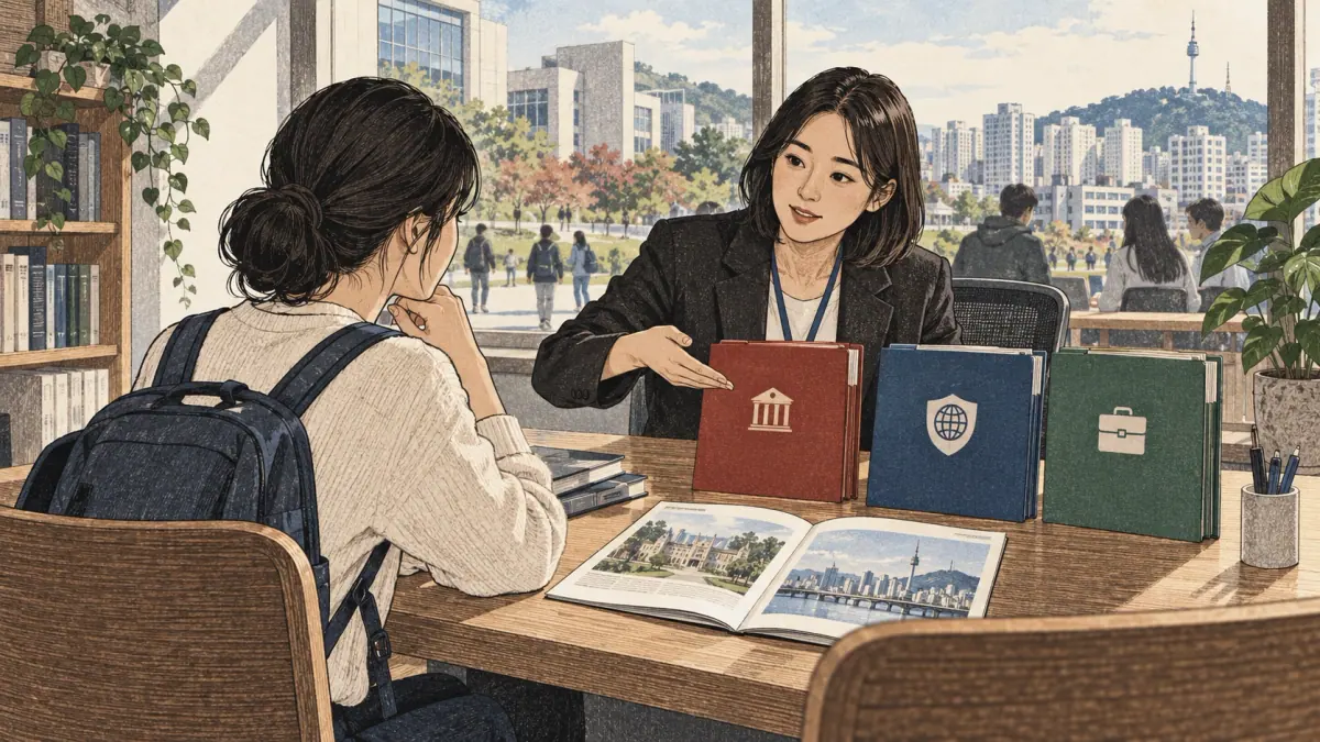 Adult learners prepare for topik requirements in a contemporary Seoul study setting.