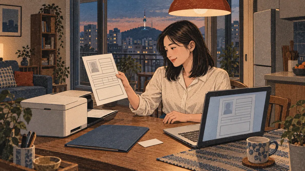 A learner checks her TOPIK result on a laptop and collects a printed report in a Seoul apartment.