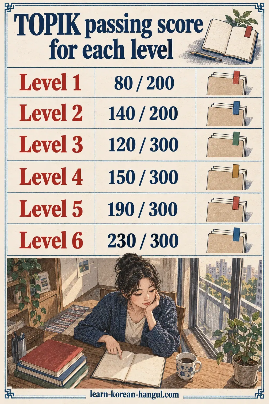 Illustrated cheat-sheet about TOPIK passing score for each level.