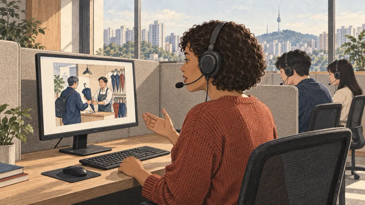 Adult learner recording a spoken answer through a headset at a computer in a Seoul test centre.