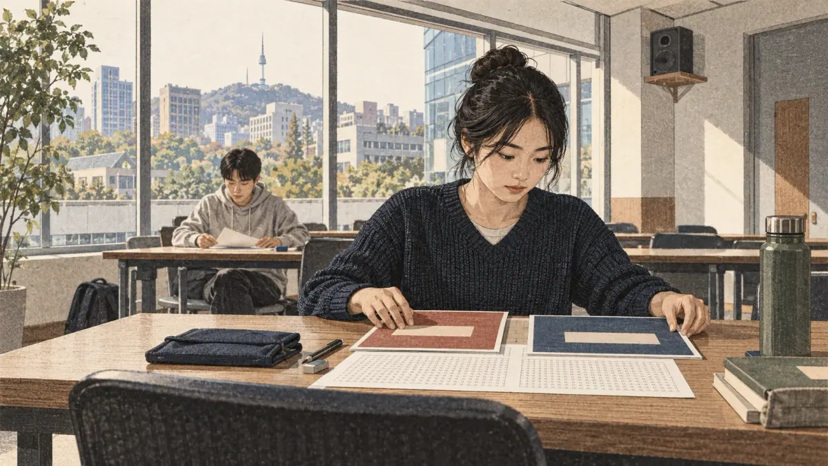 Adult learners prepare for topik 1 exam format in a contemporary Seoul study setting.