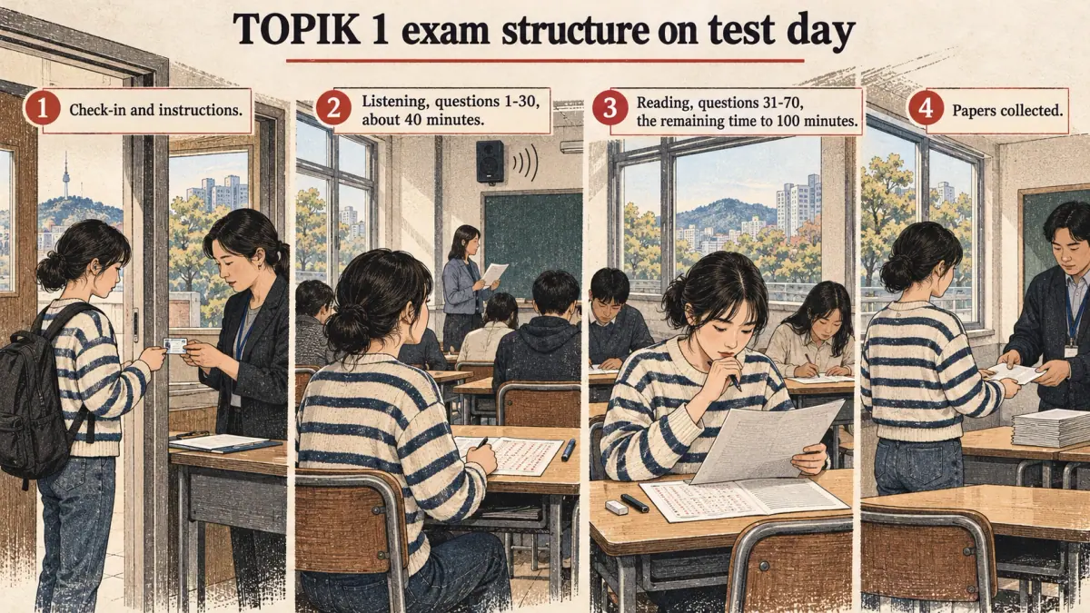 Illustrated lesson about TOPIK 1 exam structure on test day.