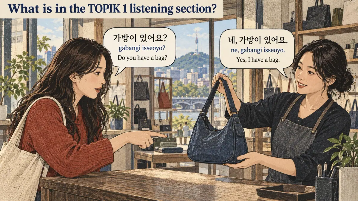 Bag exchange: 가방이 있어요? (gabangi isseoyo?); 네, 가방이 있어요. (ne, gabangi isseoyo.).