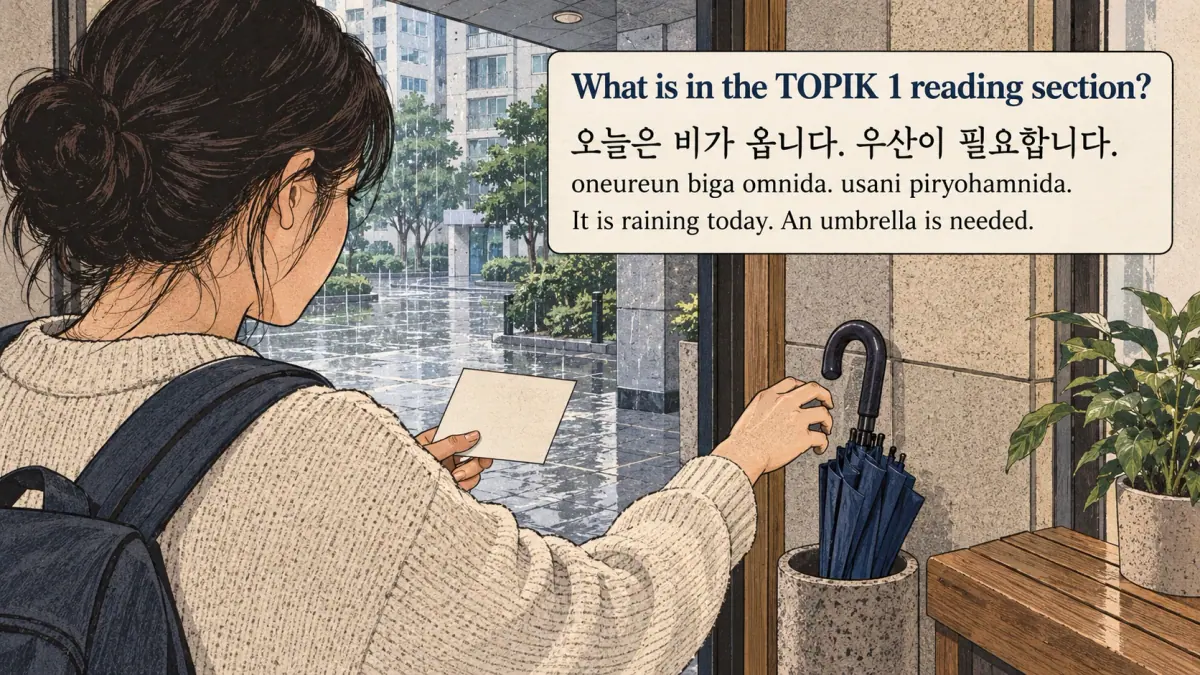 Rain and umbrella: 오늘은 비가 옵니다. 우산이 필요합니다. (oneureun biga omnida. usani piryohamnida.).