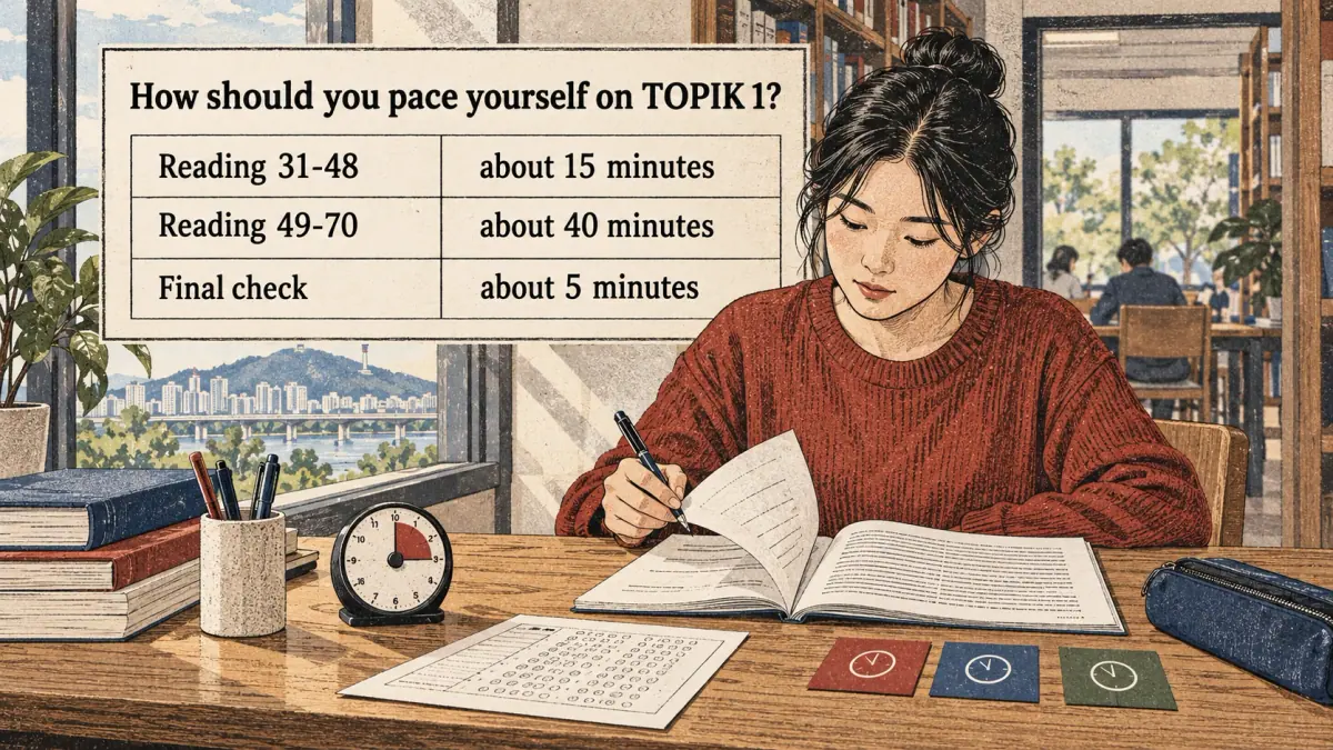Illustrated lesson about How should you pace yourself on TOPIK 1.