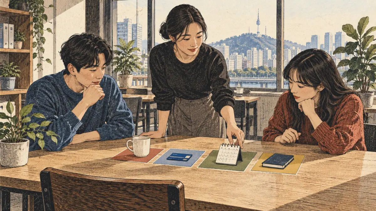 Adult learners prepare for topik 1 vocabulary list in a contemporary Seoul study setting.