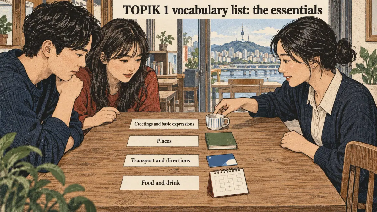 Illustrated lesson about TOPIK 1 vocabulary list: the essentials.