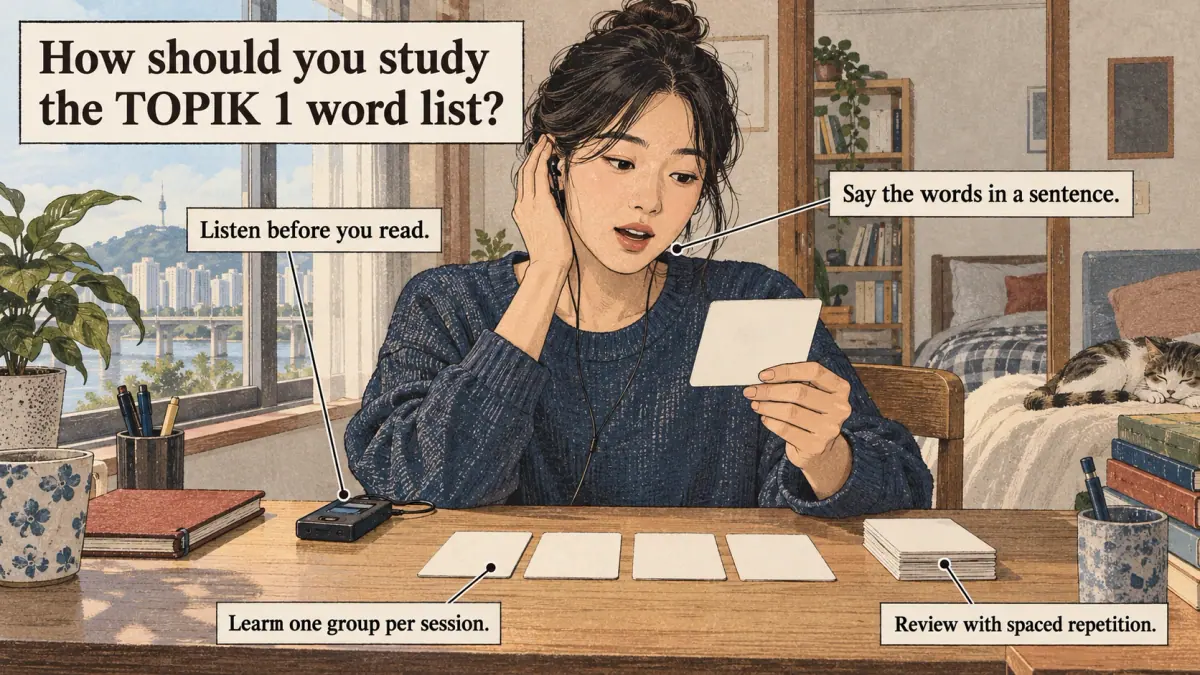Illustrated lesson about How should you study the TOPIK 1 word list.
