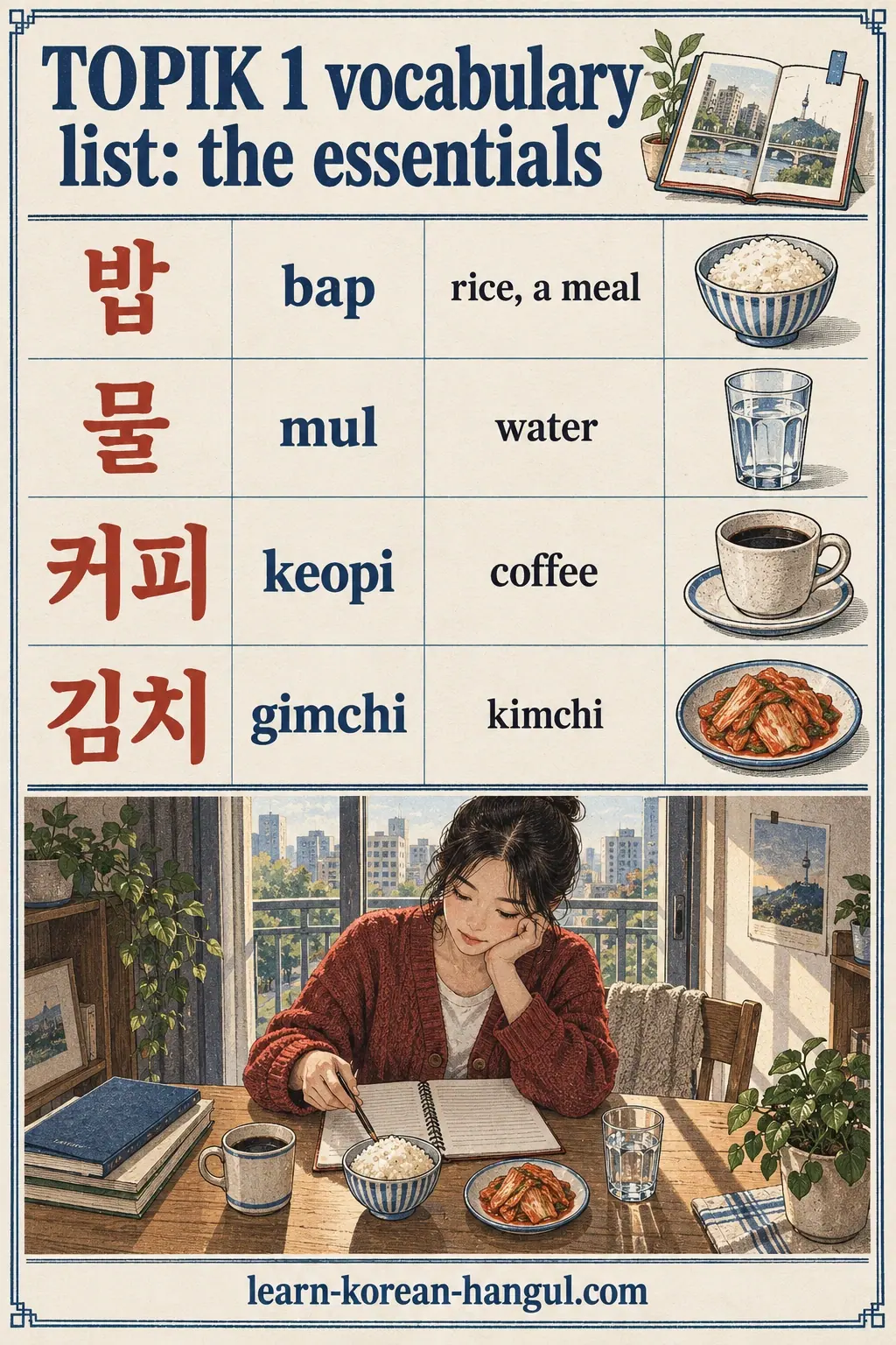 밥; 물; 커피; 김치 (bap, mul, keopi, gimchi)