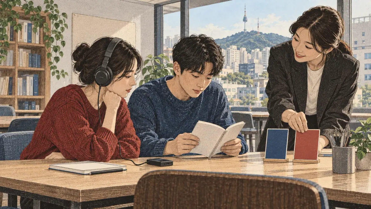 Adult learners prepare for topik 1 in a contemporary Seoul study setting.