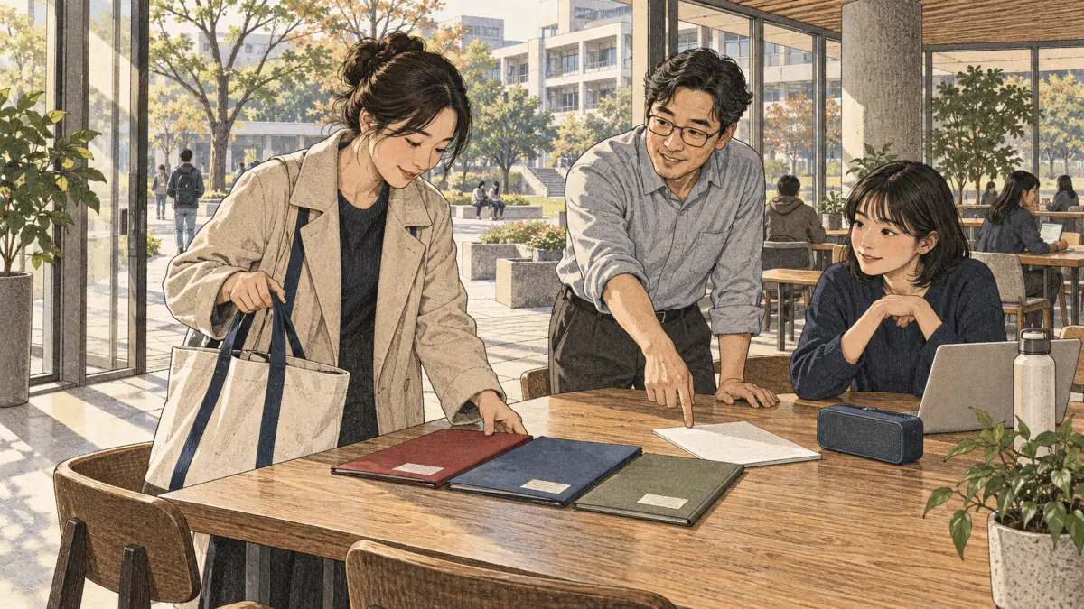 Adult learners practise TOPIK skills with a tutor in a contemporary Seoul learning space.