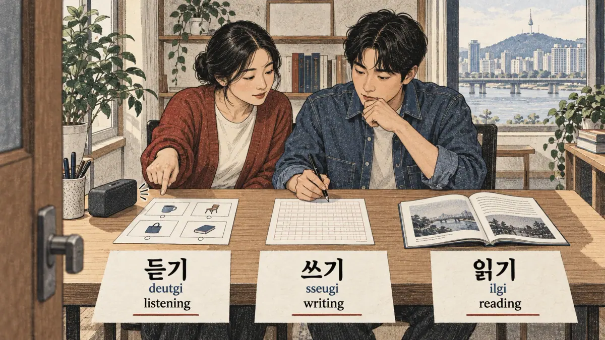 Study illustration: 듣기, 쓰기, 읽기, deutgi, sseugi, ilgi.