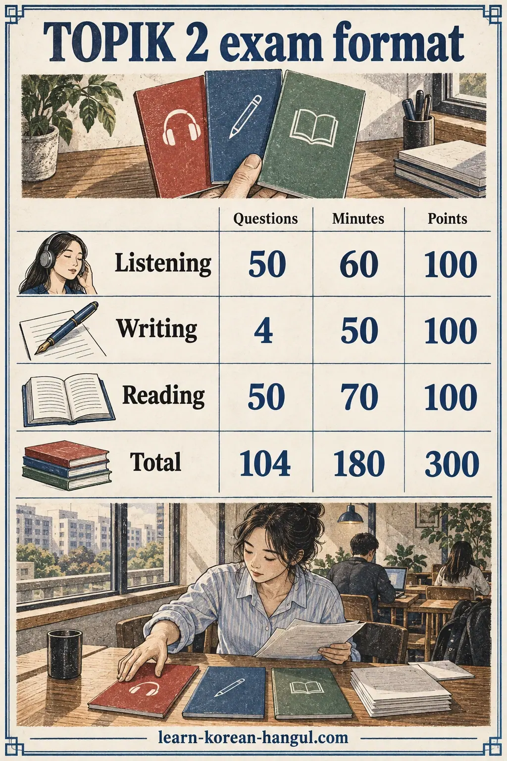 TOPIK 2 exam format illustrated with learners and study objects.
