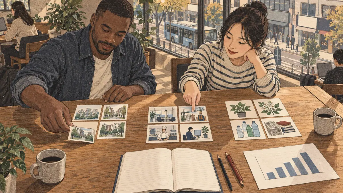 Two adult learners organise illustrated topic cards while studying advanced vocabulary in a Seoul café.