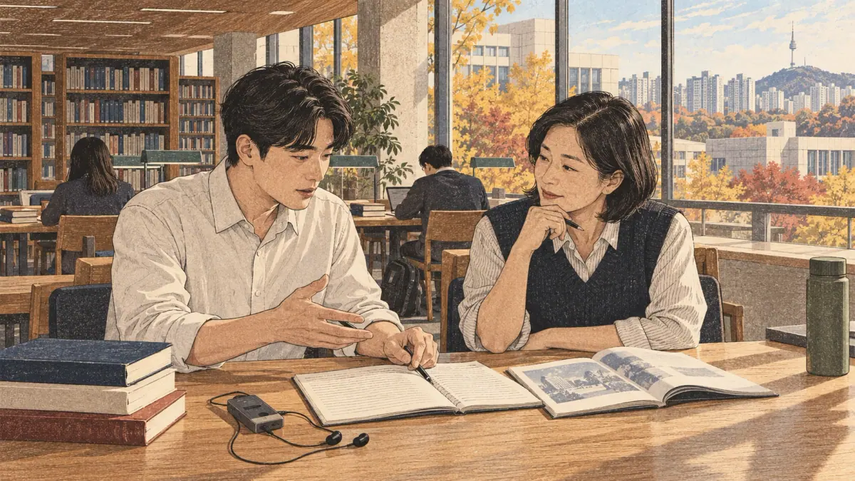 Adult learners explore TOPIK II materials in Seoul.