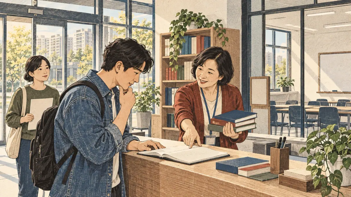 Adult learners practise TOPIK skills with a tutor in a contemporary Seoul learning space.