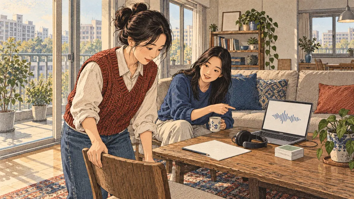 Adult learners practise TOPIK skills with a tutor in a contemporary Seoul learning space.