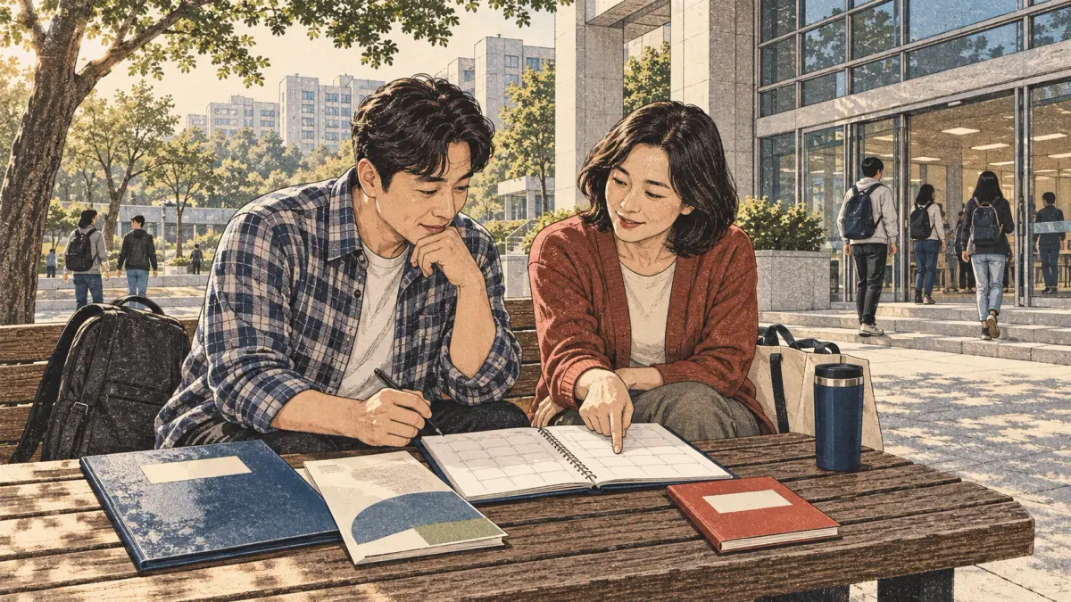 Adult learners practise TOPIK skills with a tutor in a contemporary Seoul learning space.