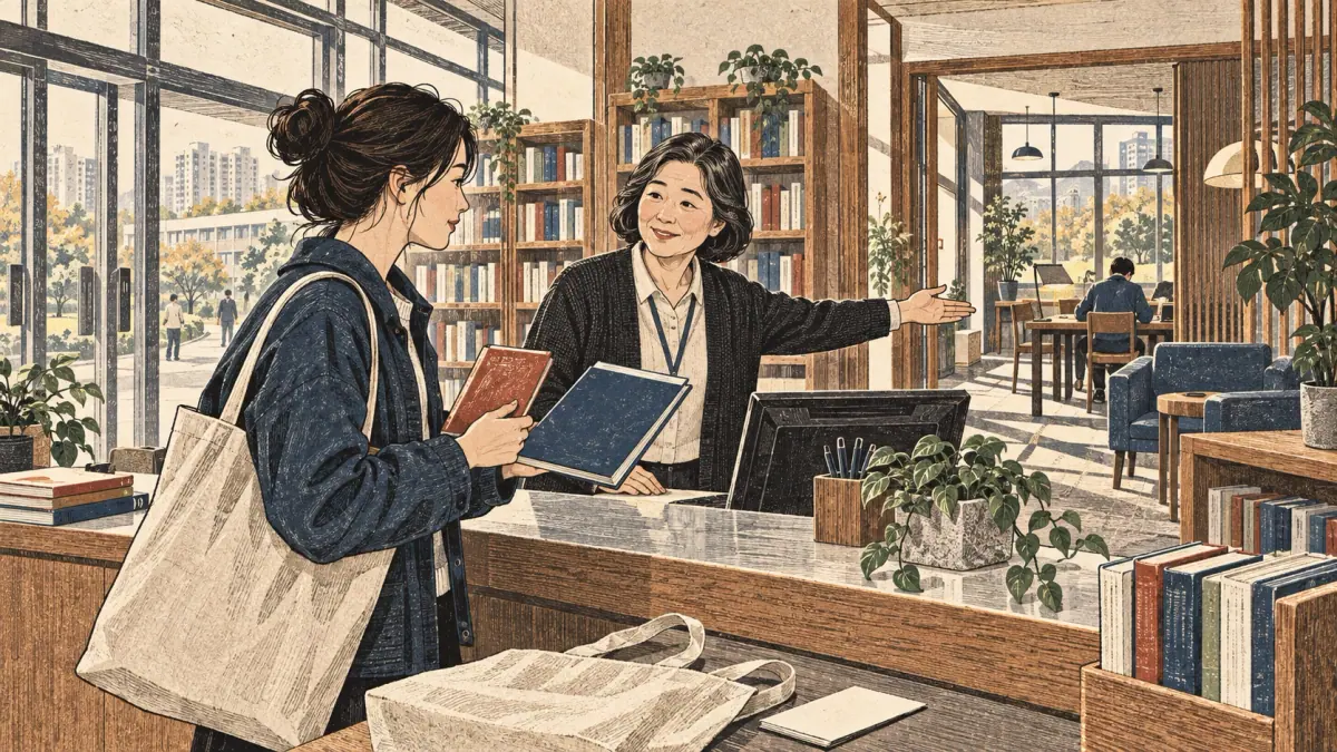 Adult learners practise TOPIK skills with a tutor in a contemporary Seoul learning space.