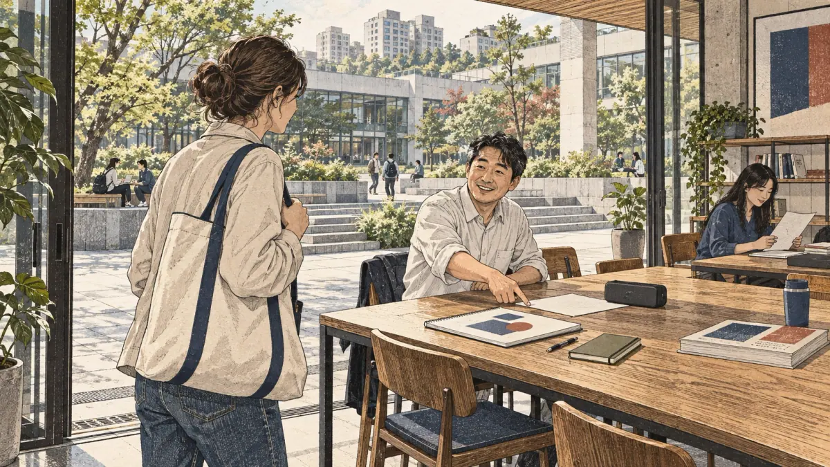 Adults practise Korean with concrete study materials in Seoul.