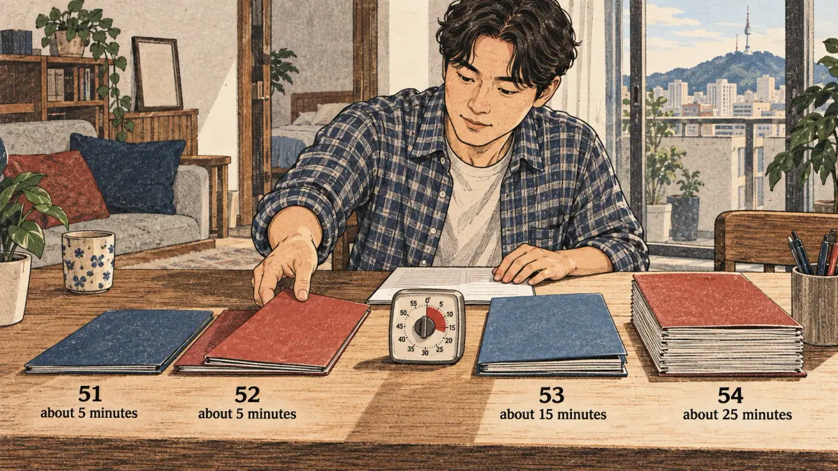 Adults practise Korean with concrete study materials in Seoul.