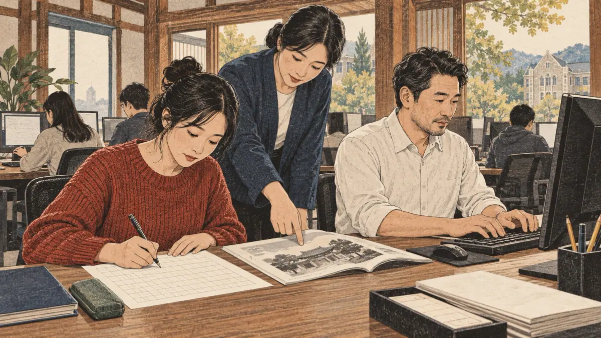 Adults practise Korean with concrete study materials in Seoul.