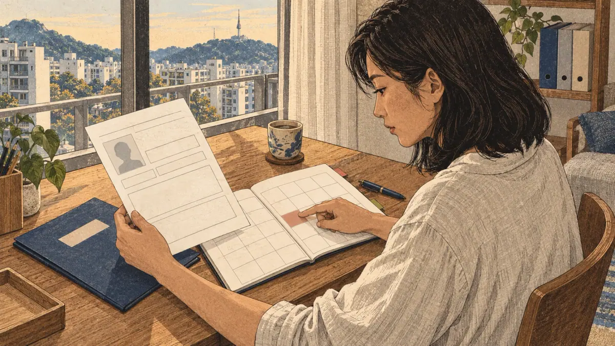 Adult learner compares a score report with a calendar while planning an application at home in Seoul.
