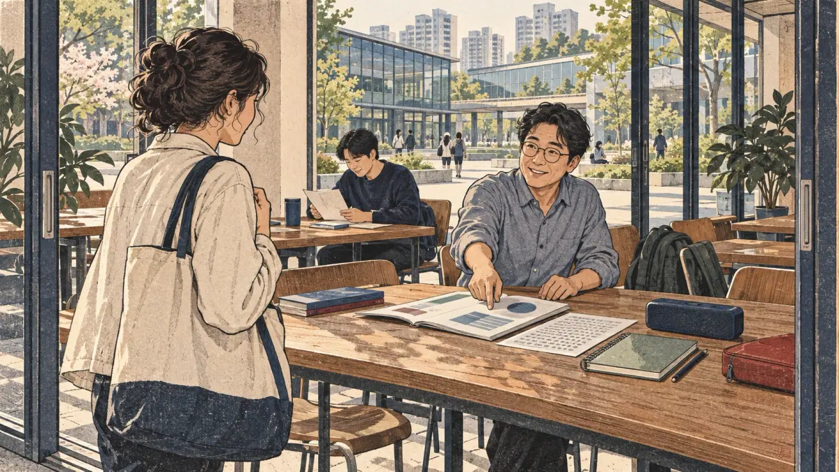Adults practise Korean with concrete study materials in Seoul.