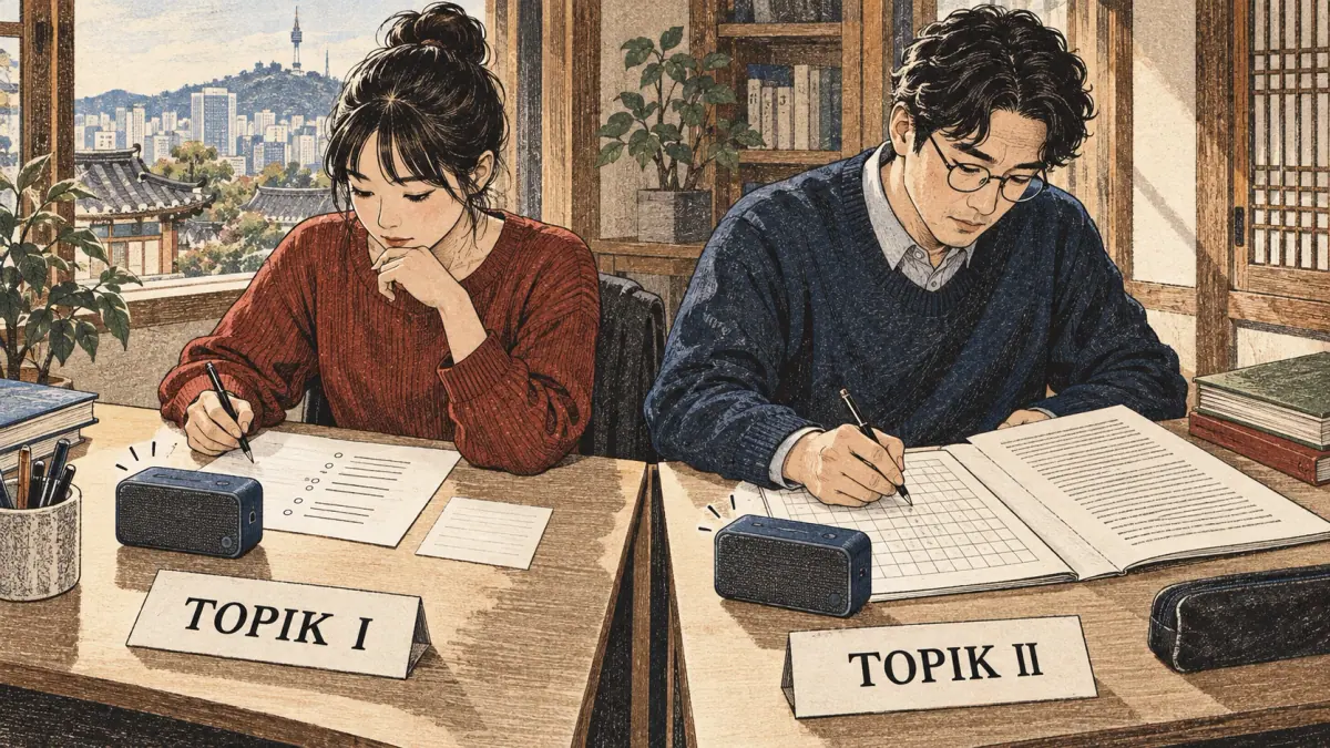 Adults practise Korean with concrete study materials in Seoul.
