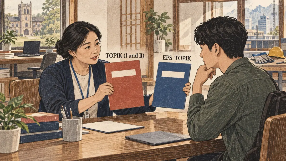Adults practise Korean with concrete study materials in Seoul.