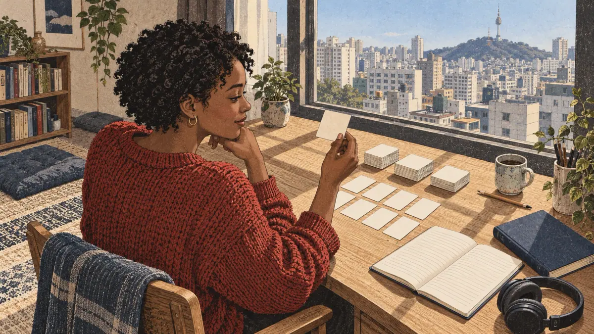 A learner organizes flashcards into small daily vocabulary review sets at a Seoul apartment desk.