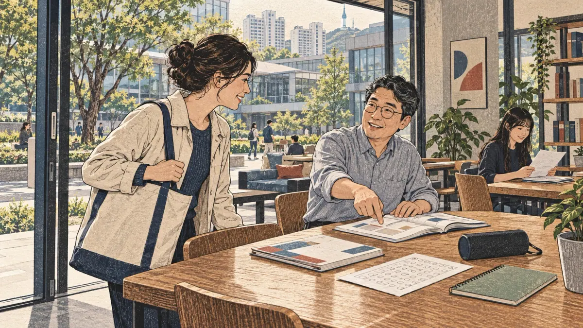 Adults practise Korean with concrete study materials in Seoul.