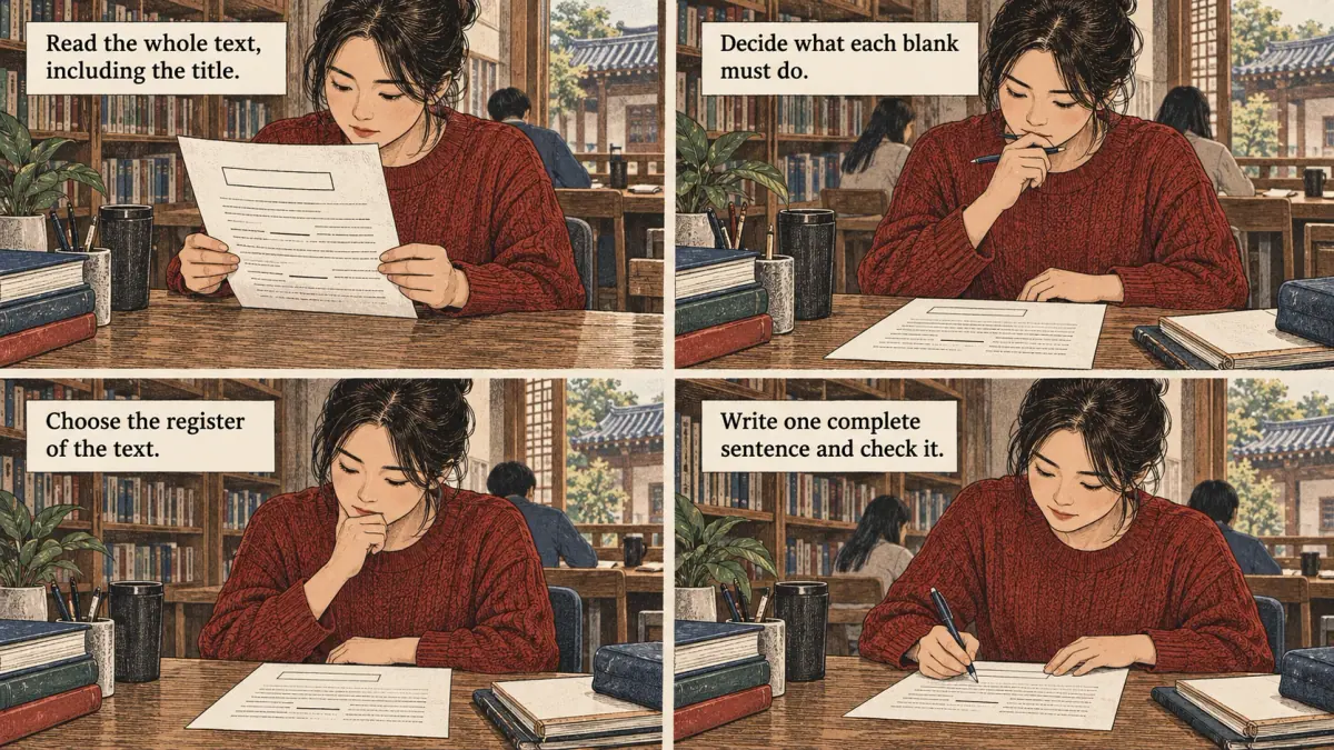 Adults practise Korean with concrete study materials in Seoul.