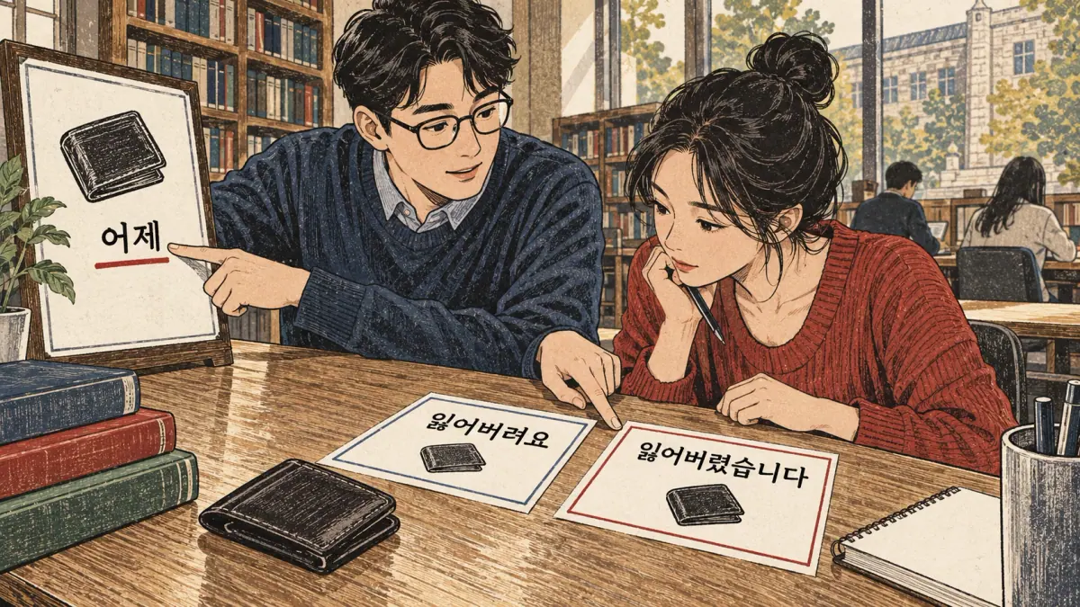 Study illustration: 어제; 잃어버려요; 잃어버렸습니다.