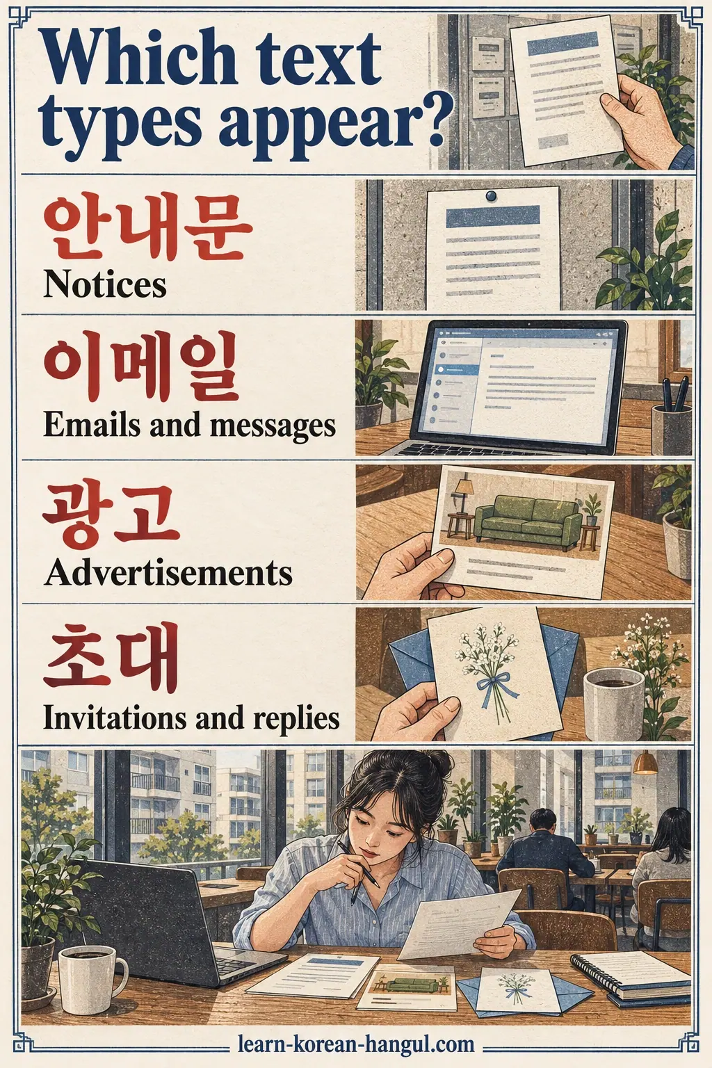 Study illustration: 안내문; 이메일; 광고; 초대.
