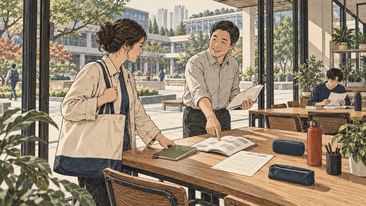 Adults practise Korean with concrete study materials in Seoul.
