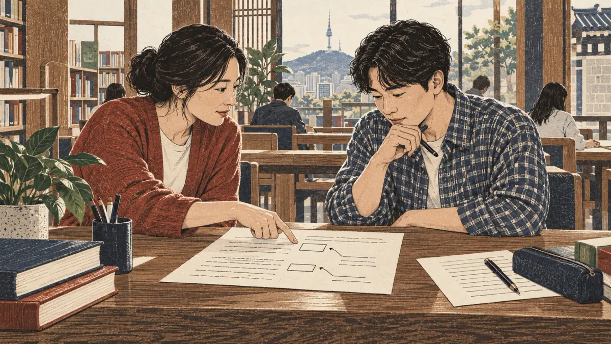 Adults practise Korean with concrete study materials in Seoul.
