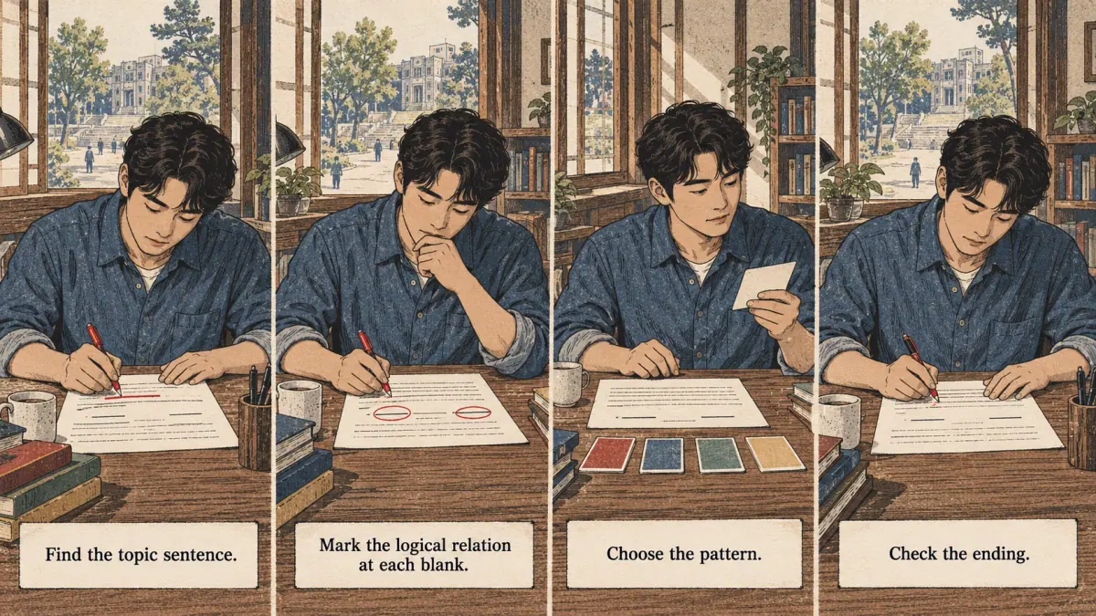 Adults practise Korean with concrete study materials in Seoul.