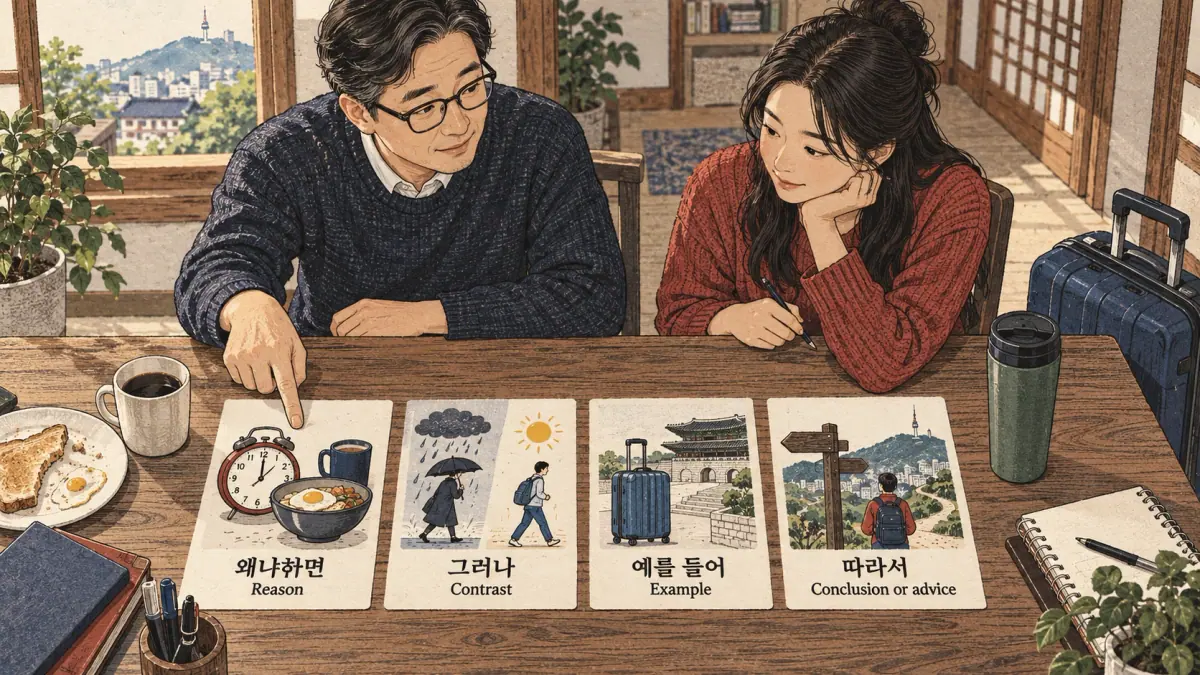 Study illustration: 왜냐하면; 그러나; 예를 들어; 따라서.