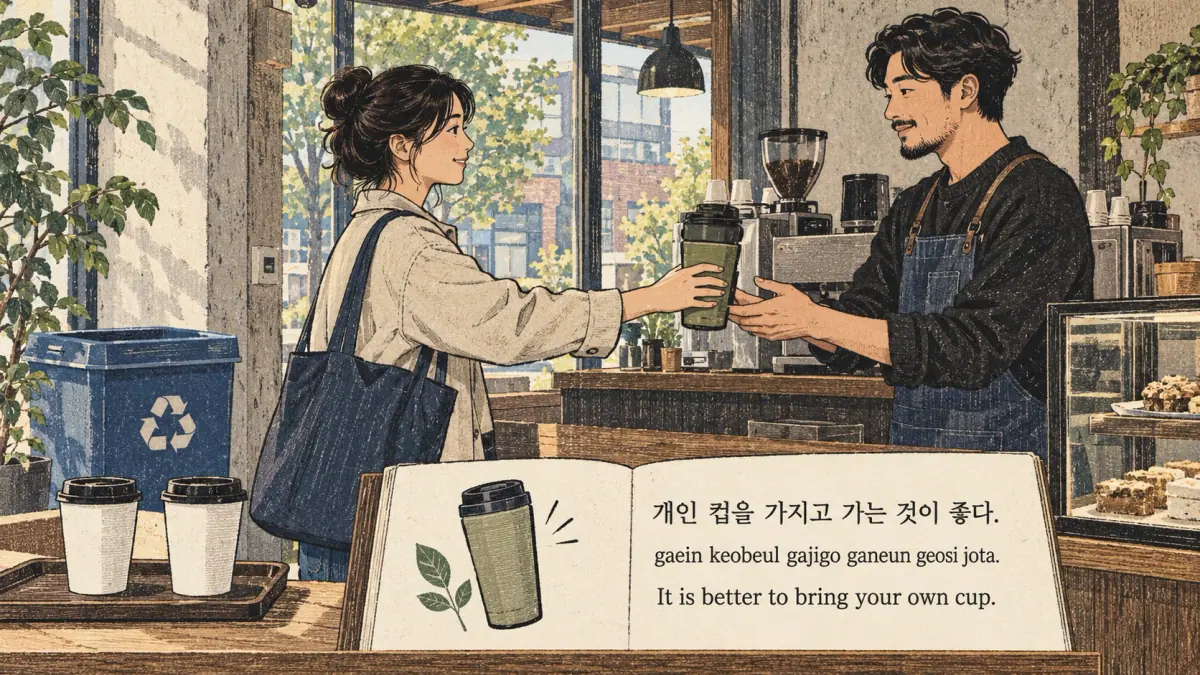 Study illustration: 개인 컵을 가지고 가는 것이 좋다.; gaein keobeul gajigo ganeun geosi jota..