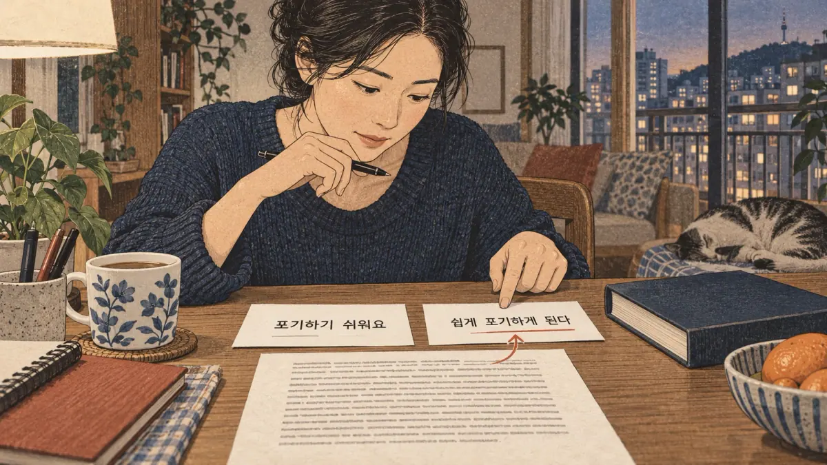 Study illustration: 포기하기 쉬워요; 쉽게 포기하게 된다.