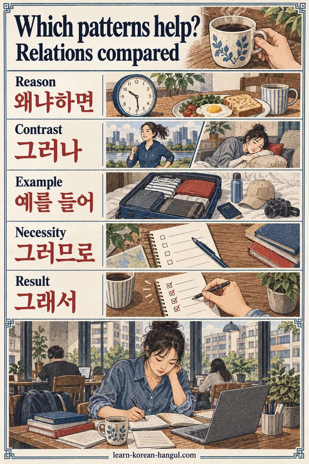 Study illustration: 왜냐하면; 그러나; 예를 들어; 그러므로; 그래서.