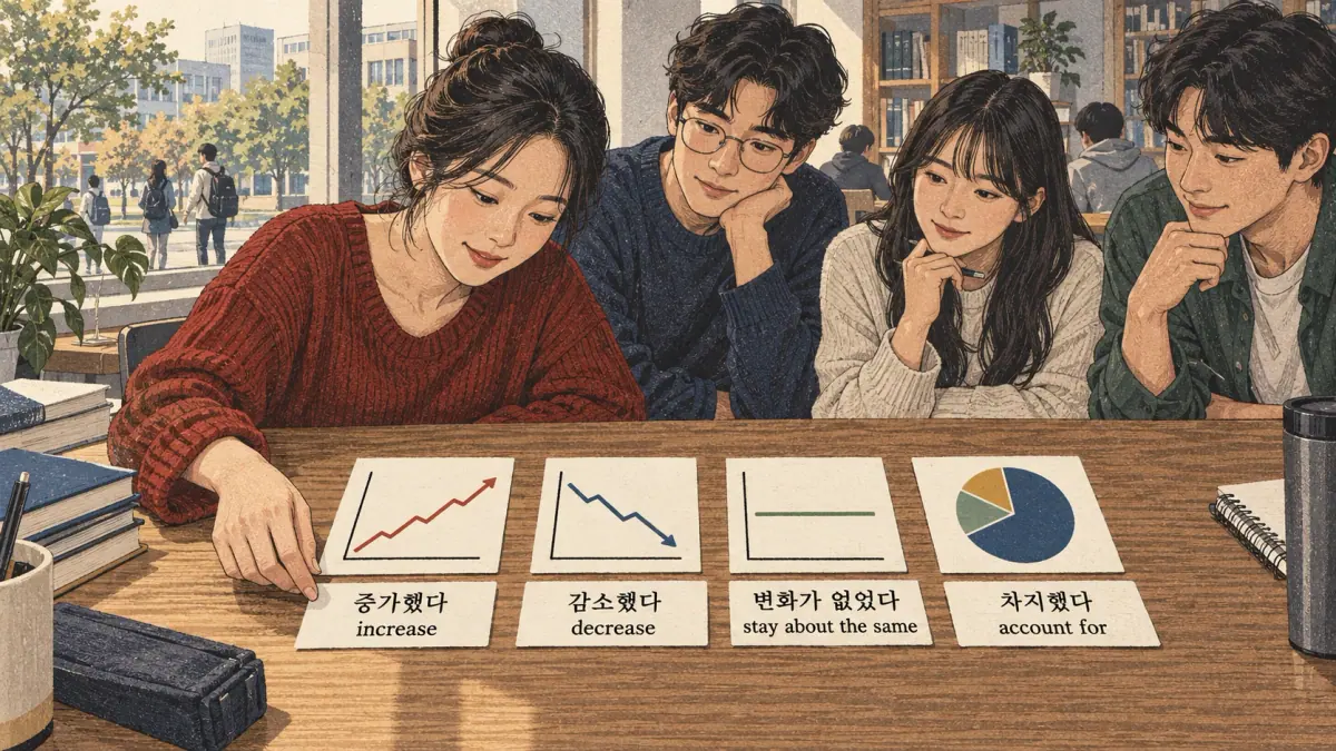 Study illustration: 증가했다; 감소했다; 변화가 없었다; 차지했다.