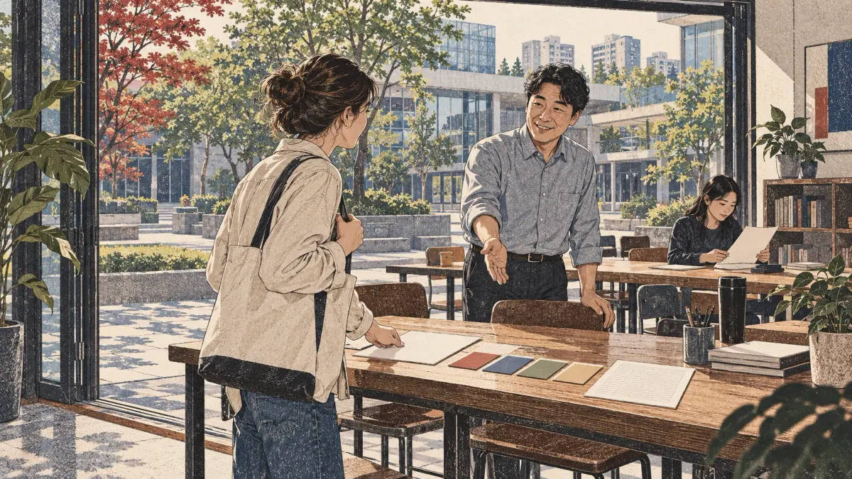 Adult learners apply a Korean study method with concrete materials in Seoul.