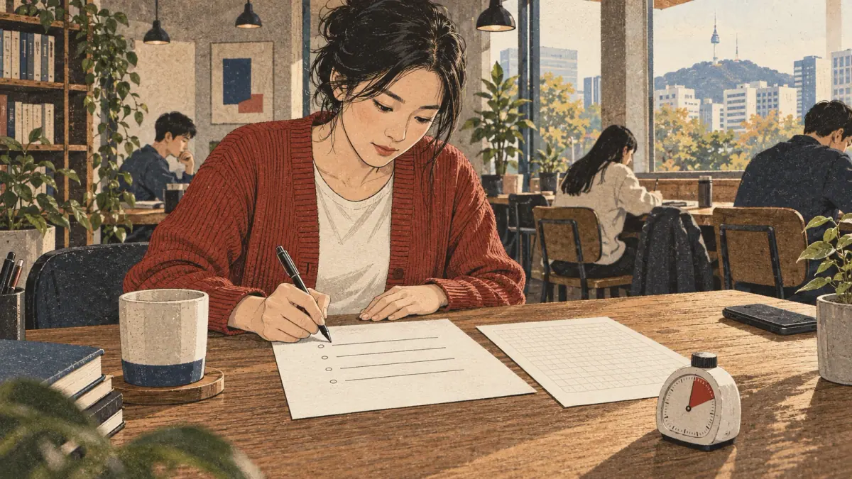 Adult learners apply a Korean study method with concrete materials in Seoul.