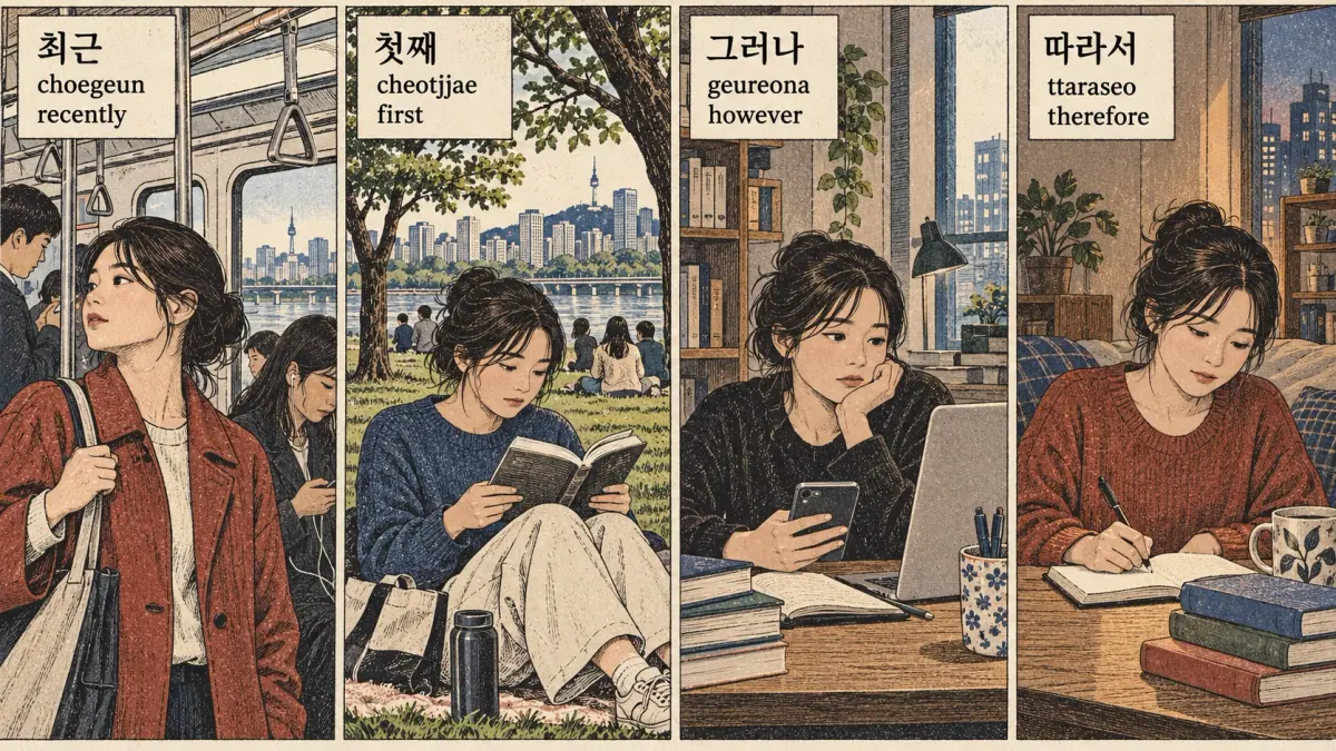 Study illustration: 최근; 첫째; 그러나; 따라서; choegeun; cheotjjae; geureona; ttaraseo.