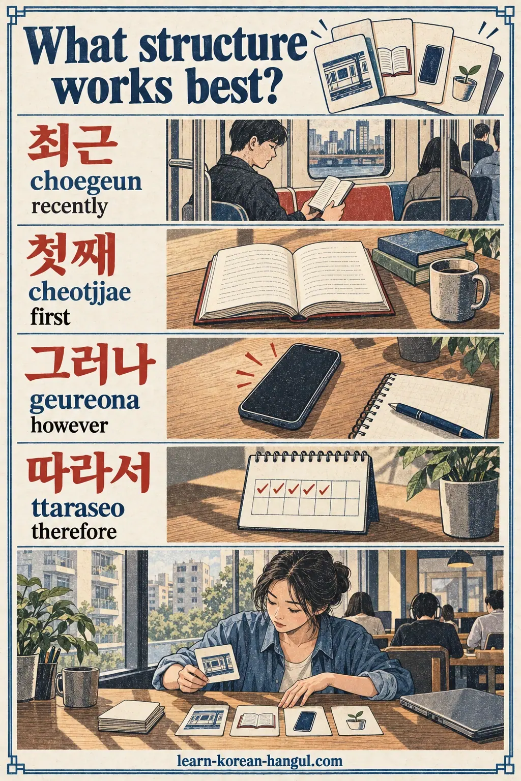 Study illustration: 최근; 첫째; 그러나; 따라서; choegeun; cheotjjae; geureona; ttaraseo.