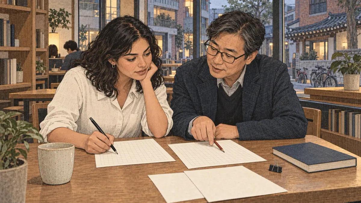 A learner compares manuscript practice sheets with a tutor during a TOPIK writing review.