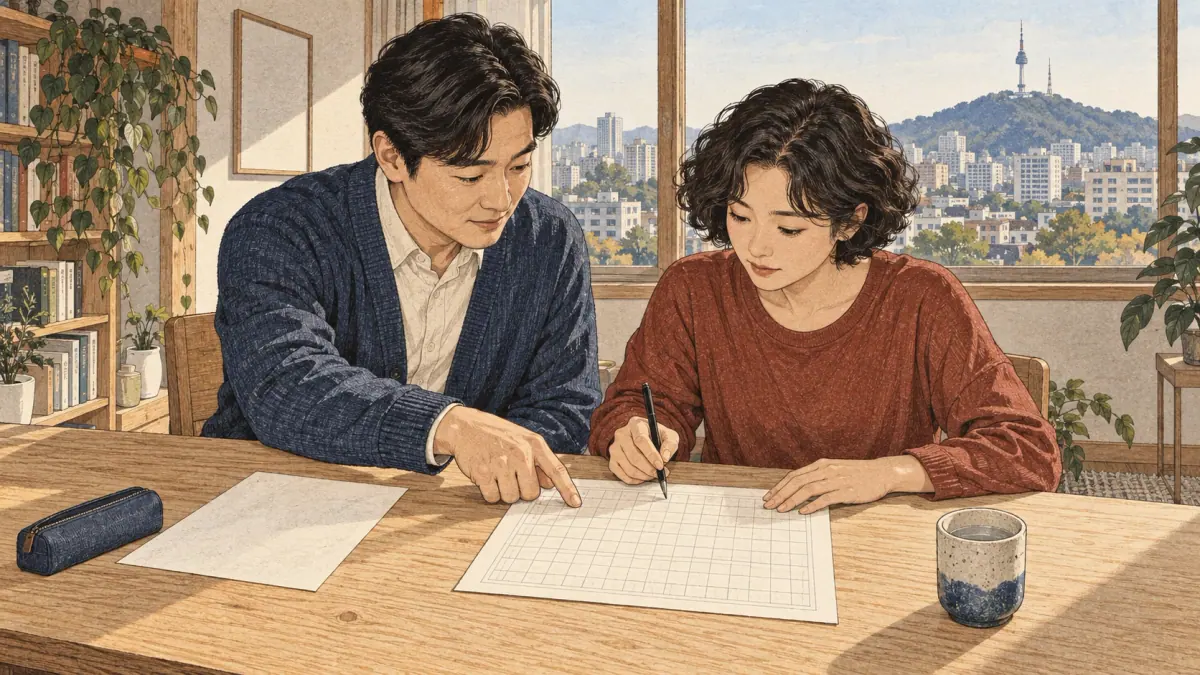 A tutor guides an adult learner using blank Korean manuscript paper in a Seoul study room.