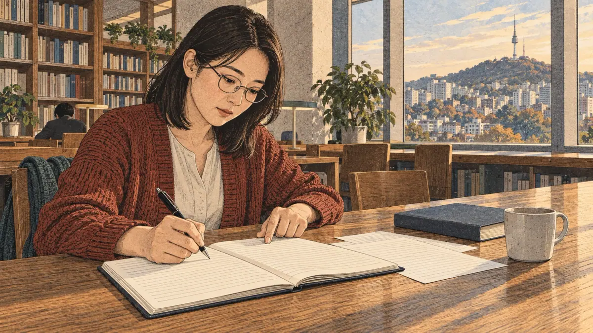 An adult learner reviews an essay notebook at a Seoul public library.